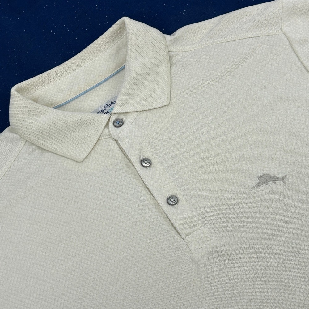 Tommy Bahama Polo Shirt Mens Medium Cream IslandZone Coolmax Short Sleeve